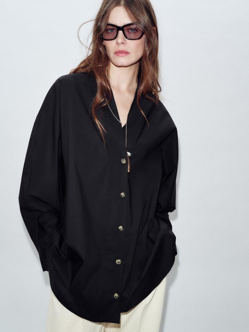 Zara V Neck Poplin Shirt Black Oversized Button-Front Women's S